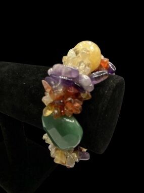 Multicolor Jadeite and  Gemstone Chip Stretch Bracelet - Green, Purple & Amber